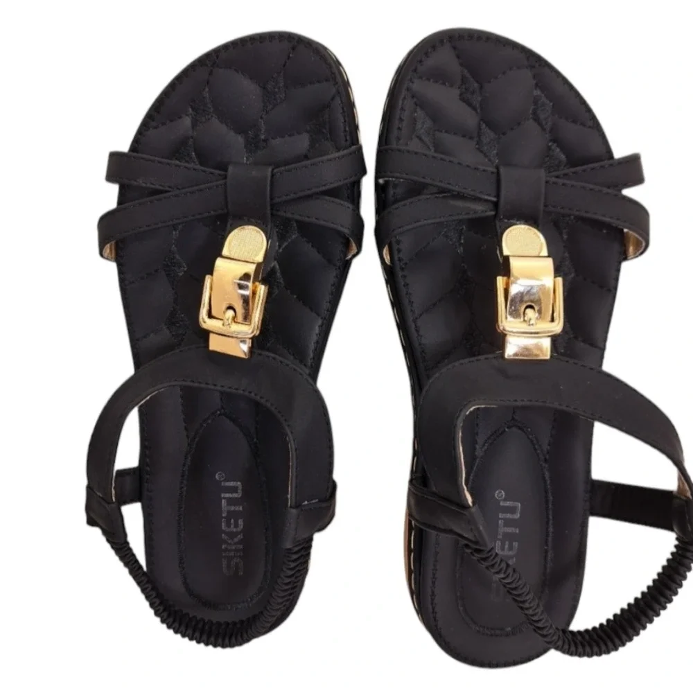 SIKETU Women's Black Summer Sandals Elastic T Strap Flip Flat‎ 8W